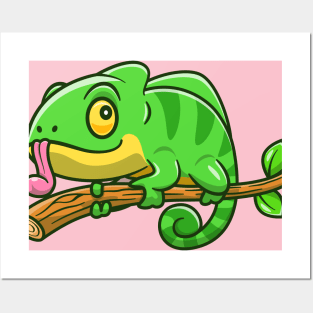 Cute Chameleon On The Tree Cartoon Posters and Art